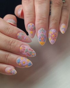 Folk Nails Art, Raised Nail Art, Colorful Gel Nails Designs, Matte Floral Nails, Folk Nail Art, Porcelain Nails Design, Gel Powder Nails Designs, Papel Picado Nails, Bright Floral Nails