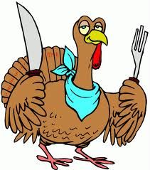 a cartoon turkey holding a knife and fork