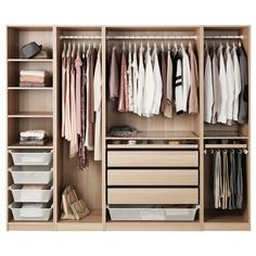 an organized closet with clothes and shoes