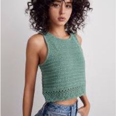 New With Tags, Unworn Madewell Crochet Tank In Green. Size Xs. Bought At The End Of Last Summer And Doesn’t Fit Me The Way I Want It To! Ruffle Sweater, Linen Tank Top, Crochet Tank, Sweater Tank Top, Sweater Tank, Madewell Denim, Striped Tank Top, Scalloped Hem, Striped Tank