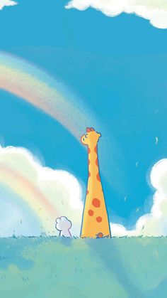 a giraffe standing on top of a lush green field next to a rainbow