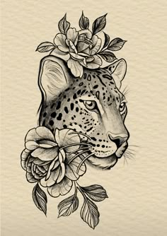 a drawing of a leopard with flowers on its head