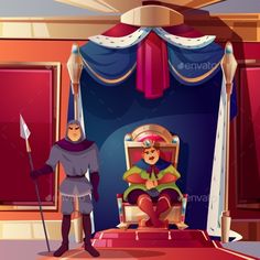 an illustration of a man dressed as a knight standing in front of a stage