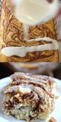 cinnamon roll with icing being drizzled over it