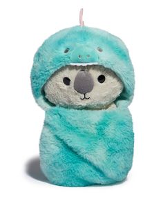 a stuffed koala bear wrapped in a blue blanket