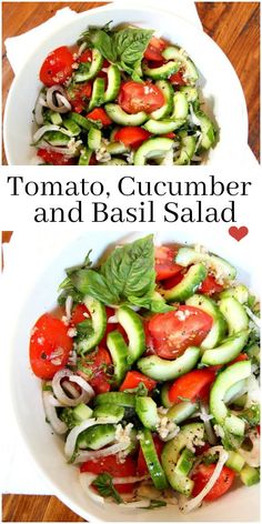 two pictures showing different types of salads in white bowls with the words tomato, cucumber and basil salad