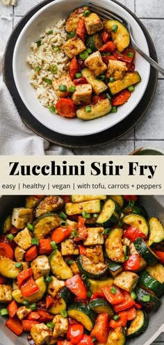 zucchini stir fry with vegetables and rice in a pan on the table next to it