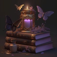 a candle is sitting on top of three books with butterflies flying around it and the book is surrounded by other books