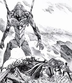 a black and white drawing of a giant robot standing in the middle of a field