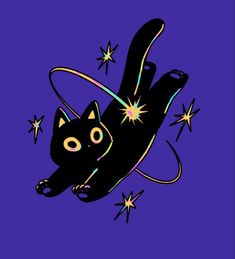 a black cat flying through the air with stars on it's back and tail