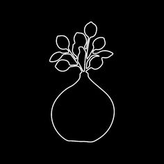 a black and white drawing of a vase with flowers in it on a dark background