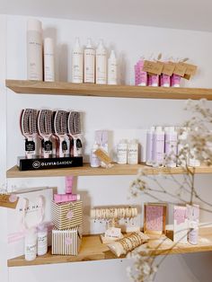 the shelves are filled with different types of beauty products