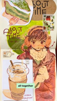 a drawing of a child holding a cup of coffee with the words about time on it