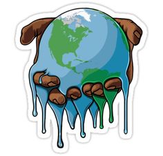 a sticker with the earth dripping down and hands holding it in front of them