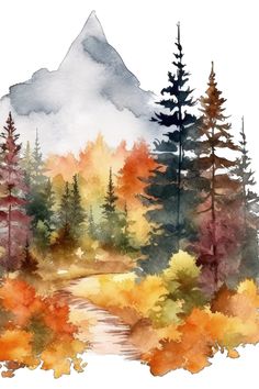 Fall Mountain scene, Forest clipart, Night Mountain, Watercolor Forest Clipart, Tree Watercolor Painting, Watercolor Art Landscape, Watercolor Landscapes, Soyut Sanat Tabloları, Fall Watercolor