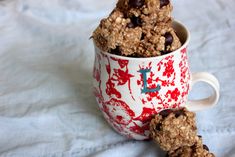 chocolate chip cookies in a red and white mug