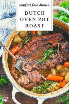 pot roast with carrots, potatoes and meat in it on a wooden table next to parsley