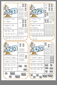 three place value cards with numbers and an image of a cartoon character on the top