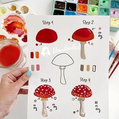 a person holding up a card with mushrooms on it and the words step by step