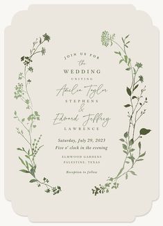 a wedding card with greenery on it