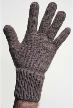 a man's hand wearing a gray knitted glove with two fingers on it