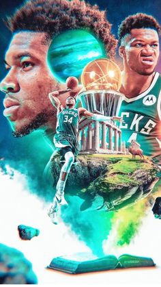 two basketball players are depicted in this collage