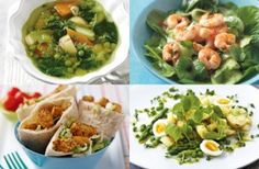 four different types of food are shown in this collage, including salads and wraps