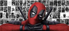 the deadpool character is posing in front of many pictures