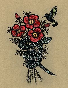 a drawing of some flowers and a bird