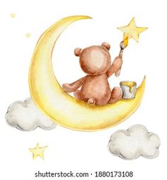 a teddy bear sitting on the moon with a paintbrush in his hand and stars above it