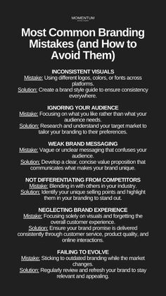 a black and white poster with the words most common branding mistakes and how to avoid them