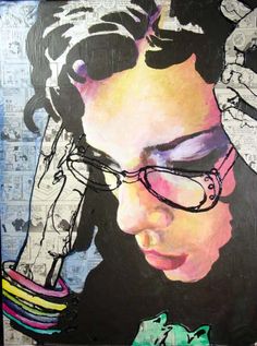 a painting of a woman with glasses holding a cell phone to her ear