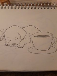 a drawing of a dog sleeping next to a cup of coffee