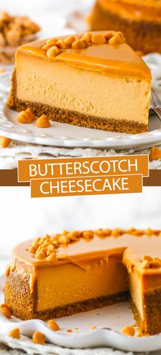 two slices of butterscotch cheesecake on white plates