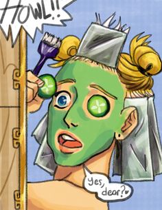 a drawing of a woman with green facial mask on holding a toothbrush in front of her face