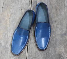 New Handmade Blue Leather Loafers Shoes For Men's    Brand Leather Edges  Running Size USA Size   Features Handmade Hand Stitched  Material Leather  Leather Sole  Color Blue  Interior Soft Leather Lining  Pattern Solid Dress Shoes  Product Line Made In Pakistan  Style Dress Stylish moccasin Penny... Blue Goodyear Welted Slip-on Dress Shoes, Lining Pattern, Loafer Shoes For Men, Dress Stylish, Leather Loafer Shoes, Loafers Shoes, Blue Interior, Leather Shoes Men, Solid Dress