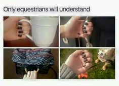 four pictures with different types of nail polish on their hands, one is holding a coffee cup and the other has a dog