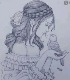 a drawing of a girl holding a bird in her hand and looking at it's face