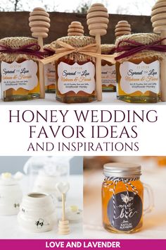 honey wedding favors and decorations with text overlay that reads, honey wedding favors and inspirations