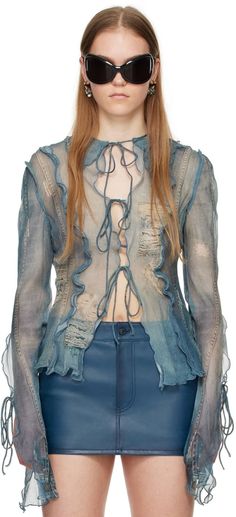 Acne Studios: Blue Print Blouse | SSENSE UK Tromp L'oeil, Club Dresses Black, Printed Denim Shirt, 21 Bday, Southern Shirt, Denim Print, Fishnet Top, Crepe Blouse, Two Piece Jumpsuit