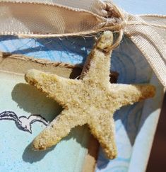 a starfish hanging from a string on a blue and white box with seagulls painted on it