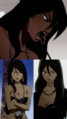 an animated image of a woman with black hair and piercings on her chest, in three different pictures