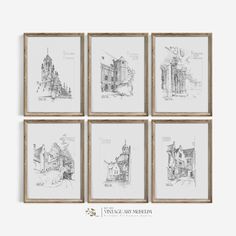 four framed drawings of old buildings are hanging on the wall in front of a white background