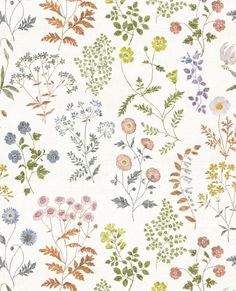 a white wallpaper with colorful flowers and leaves on the back ground, all in different colors