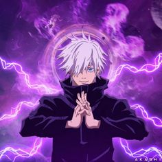 an anime character with white hair and blue eyes standing in front of purple lightnings