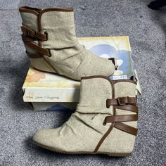 Mudd Mdmaikonatural Wedge Ankle Boot, Ruched Front, Inside Ankle Zipper Closure, Natural Color Fabric, Brown Straps And Trim, Sz 9m, Nib Mudd Boots, Black Chunky Heels Boots, Floral Ankle Boots, Acubi Fashion, Mudd Shoes, Lace Ankle Boots, Grey Ankle Boots, Platform Boots Chunky, Vegan Leather Boots