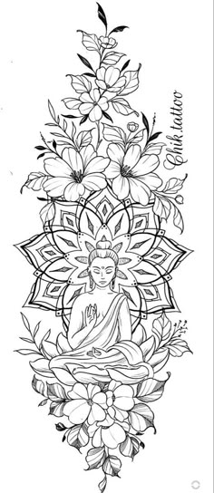 a drawing of buddha surrounded by flowers and leaves on a white background with black ink