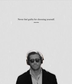 a man with headphones on standing in front of a white background that says never feel guilt for choosing yourself