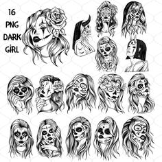 a set of 16 scary girls with different facial expressions and their faces drawn in black ink