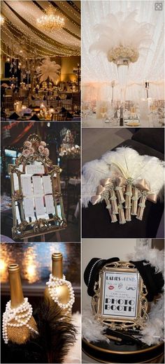 a collage of pictures with different types of decorations and items in them, including chandeliers